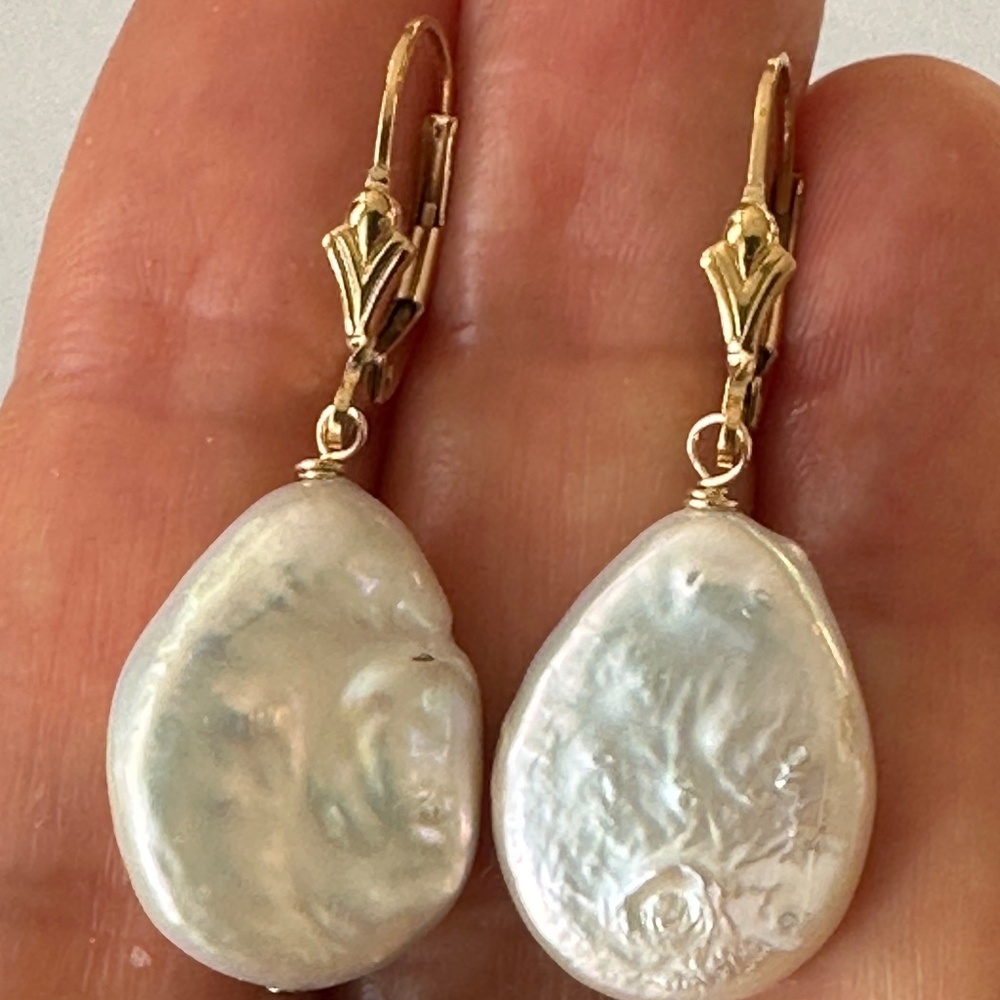 Large Teardrop White Coin Pearl Leverback Earrings - 14K Gold Fill (HANDMADE)